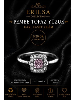 Erilsa Sertifikalı Pembe Topaz Taşı Kare Faset Kesim 1 Karat Geri Dönüşüm Gümüş Ayarlanabilir Yüzük
