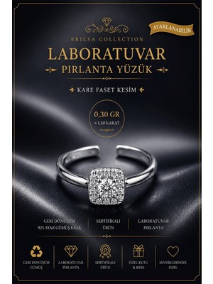 Erilsa Sertifikalı Laboratuvar Pırlanta Kare Faset Kesim 1,50 Karat Geri Dönüşüm Gümüş Ayarlanabilir Yüzük