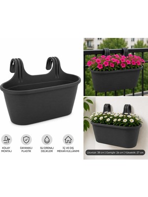 Abnturk Pratik Dayanıklı Şık 6,3lt Siyah Sahra Askılı Saksı 38X27X26CM Balkon Korkuluk Duvar Dekoratif Askıı Sepet