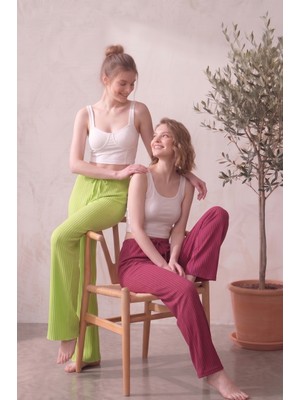 Farya Home 2li Set Yüksek Bel Bol Paça Şeritli Kaşkorse Yazlık Pijama Altı
