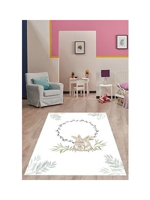 Mey İthalat Pelangi Beyaz Zemin Tavşan Ailesi Yaprak Desen Yıkanabilir Kaymaz Taban Leke Tutmaz Çocuk Odası Halısı, Beyaz-Siyah-Mavi 180 x 300, 7642011718030005