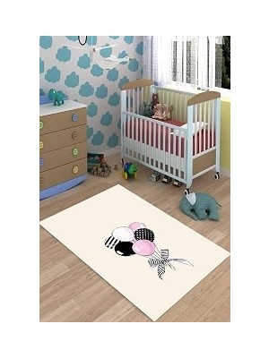 Mey İthalat Pelangi Balon Desenli Halı Modern Dijital Baskı Yıkanabilir Kaymaz Taban Çocuk Genç Odası Halısı, Bej 100 x 200