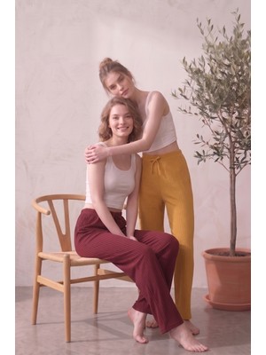 Farya Home 2li Set Yüksek Bel Bol Paça Şeritli Kaşkorse Yazlık Pijama Altı