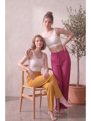 Farya Home 2li Set Yüksek Bel Bol Paça Şeritli Kaşkorse Yazlık Pijama Altı