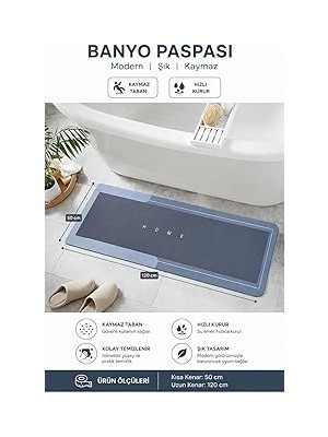 Mey İthalat Banyo Paspası-Kaymaz Tabanlı-Süper Emici Banyo Paspası-Abdest Paspası-Uzun Mavi 50 * 120 (Mavi)