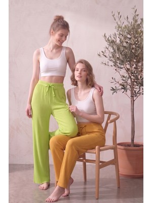 Farya Home 2li Set Yüksek Bel Bol Paça Şeritli Kaşkorse Yazlık Pijama Altı