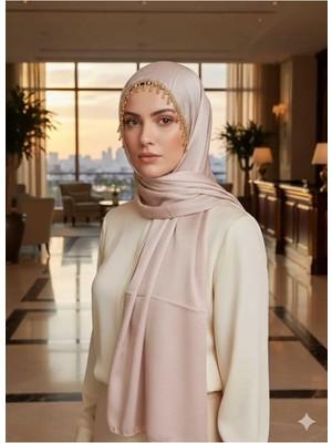 Alluring Tasarım Abiye Şal Etrafı Şerit Taşlı Bej-Gold Rengi Taşlı