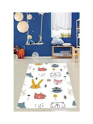 Mey İthalat Pelangi Sevimli Hayvanlar Alemi Animal Tavşan Tilki Yıkanabilir Kaymaz Taban Leke Tutmaz Çocuk Odası Halısı, Beyaz-Pembe-Mavi-Hardal 160 x 300, 9038680155160300