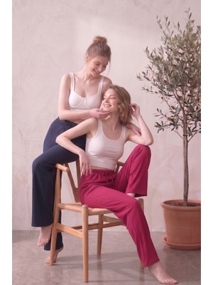 Farya Home 2li Set Yüksek Bel Bol Paça Şeritli Kaşkorse Yazlık Pijama Altı