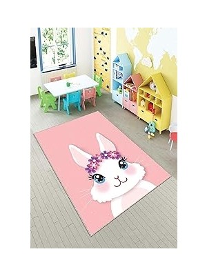 Mey İthalat Pelangi Pembe Tavşan Desenli Yıkanabilir Kaymaz Taban Leke Tutmazbebek ve Çocuk Odası Halısı, Pembe-Beyaz 80 x 400, 90135708080400
