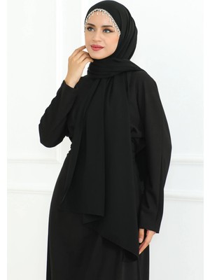 Alluring Tasarım Abiye Şal Etrafı Şerit Taşlı Siyah - Gümüş Renk Taşlı