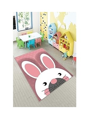 Mey İthalat Pelangi Pembe Tavşan Desenli Yıkanabilir Kaymaz Taban Leke Tutmazbebek ve Çocuk Odası Halısı, Pembe-Beyaz 120 x 200, 901357021120200