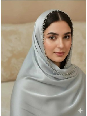 Alluring Tasarım Abiye Şal Etrafı Şerit Gümüş- Gümüş Renk Taşlı