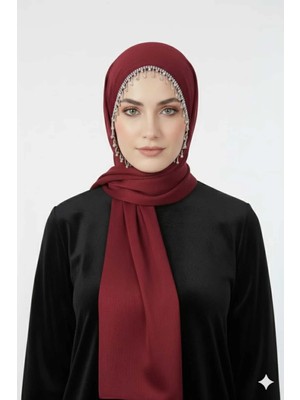 Alluring Tasarım Abiye Şal Etrafı Şerit Taşlı Bordo- Gümüş Renk Taşlı