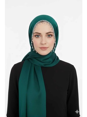 Alluring Tasarım Abiye Şal Etrafı Şerit Taşlı Zümrüt - Gümüş Renk Taşlı