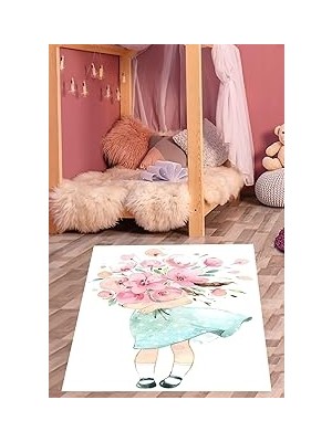 Mey İthalat Pelangi Çiçek Buketi Taşıyan Sevimli Kız Yıkanabilir Kaymaz Taban Leke Tutmaz Çocuk Odası Halısık, Pembe-Beyaz-Mavi 180 x 280, 76420141802801