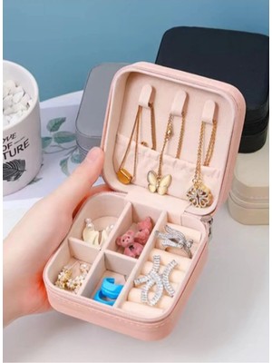 Empressco Pembe Renkli Taşınabilir Deri Takı Organizer Kutusu ,seyahat Boy Mücevher KUTUSU10X10X5CM