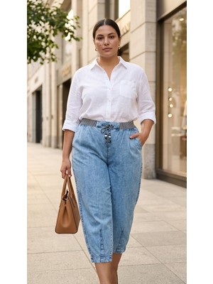 Zanessi Fashion Büyük Beden Tensel Mom Lastikli Yüksek Bel Bağcıklı Kadın Pantolon