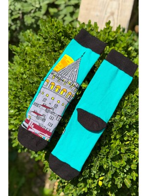 Lou Socks Unisex Istanbul Galata Kulesi Desenli Turkuaz Soket Çorap