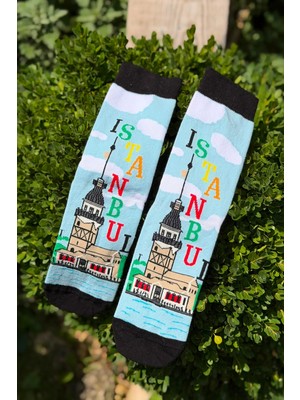 Lou Socks Unisex Istanbul Yazılı Kız Kulesi Desenli Mavi Soket Çorap