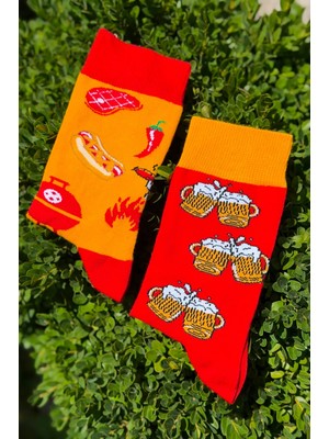 Lou Socks Unisex Sağlı Sollu Mangal ve Bira Desenli Soket Çorap