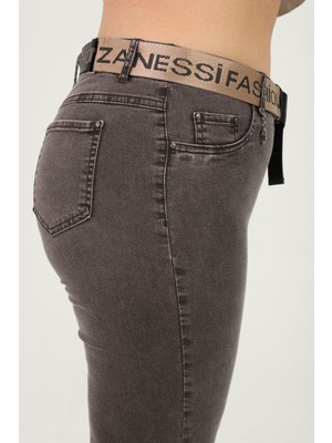 Zanessi Fashion Büyük Beden Kemerli Toparlayıcı Bol Paça Denim Kadın Pantolon