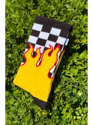 Lou Socks Unisex Damalı Alev Desenli Sarı Tenis Spor Çorap