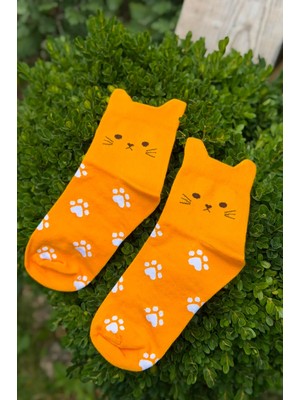 Lou Socks Unisex Kedi Kulaklı Pati Desenli Hardal Sarısı Soket Çorap