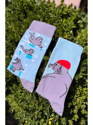 Lou Socks Unisex Sağlı Sollu Fok Balığı Desenli Mavi Soket Çorap