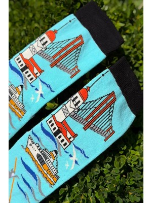 Lou Socks Unisex Istanbul Boğaz Köprüsü Desenli Turkuaz Soket Çorap