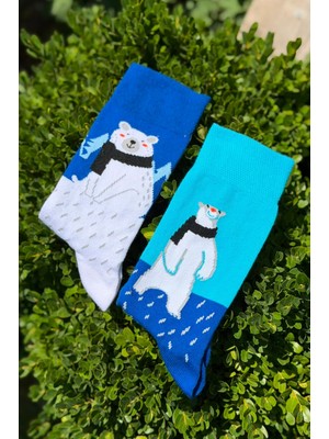 Lou Socks Unisex Sağlı Sollu Kutup Ayısı Desenli Mavi Soket Çorap
