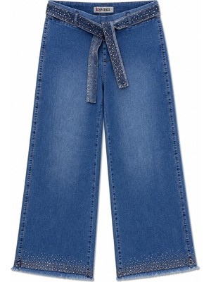 Zanessi Büyük Beden Kemerli Likralı Taşlı Denim Kadın Pantolon