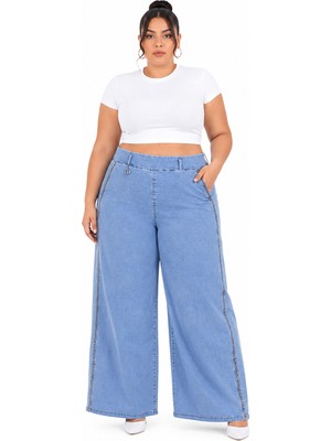 Zanessi Büyük Beden Beli Lastikli Bağcıklı Yüksek Bel Taş Şerit Detaylı Bol Paça Denim Kadın Pantolon