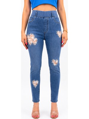 Zanessi Büyük Beden Likralı Taşlı Denim Kadın Pantolon