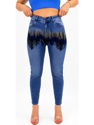 Zanessi Büyük Beden Baskılı Denim Kadın Pantolon