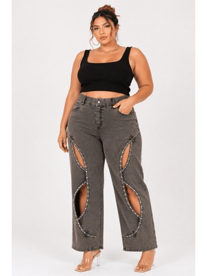Zanessi Büyük Beden Denim Taşlı Yüksek Bel Pencere Detaylı Bol Paça Kadın Pantolon