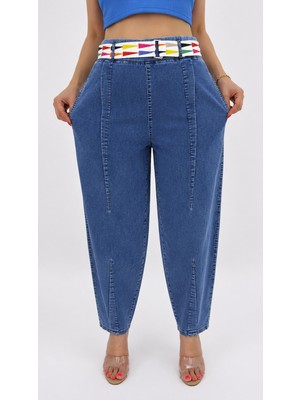 Zanessi Büyük Beden Kemerli Likralı Denim Kadın Pantolon