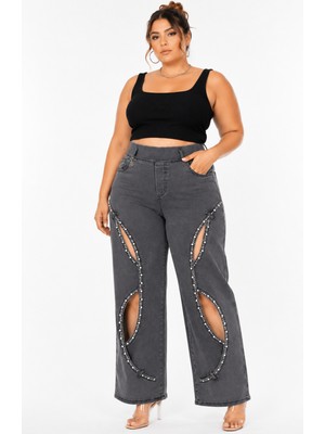 Zanessi Büyük Beden Denim Taşlı Yüksek Bel Pencere Detaylı Bol Paça Kadın Pantolon