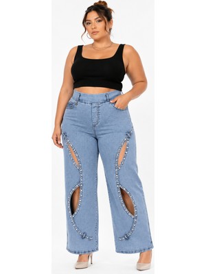 Zanessi Büyük Beden Denim Taşlı Yüksek Bel Pencere Detaylı Bol Paça Kadın Pantolon