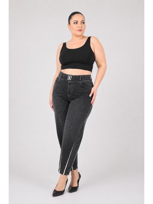Zanessi Büyük Beden Beli Lastikli Cepli Likralı Denim Mom Kesim Kadın Pantolon