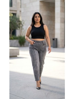 Zanessi Büyük Beden Beli Lastikli Cepli Likralı Denim Mom Kesim Kadın Pantolon