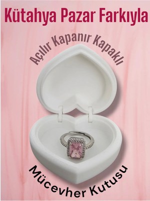 Empressco Şık Kaliteli Kalp Şeklinde Üzeri Kalp Kabartmalı Yüzük Küpe Takı Mücevher Kutusu