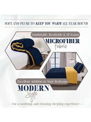 Elegant Comfort 3 Parça Ters Çevrilebilir Yorgan Seti, Dört Mevsim Rahat, Yumuşak Kuş Tüyü Alternatif, Kapitone - Kutu Dikişli - 4 Köşe Sekmeli Nevresim Takımı, Süslü Yorgan, Kral, Lacivert/sarı