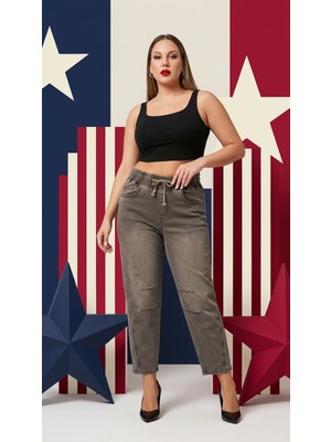 Zanessi Büyük Beden Beli Lastikli Cepli Likralı Denim Mom Kesim Kadın Pantolon