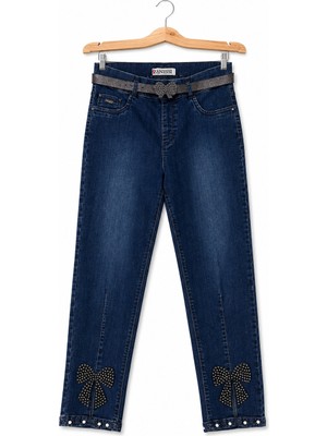 Zanessi Büyük Beden Kemerli Likralı Taşlı Denim Kadın Pantolon