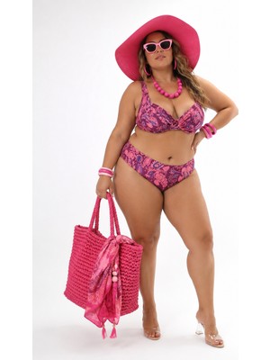 Eros Büyük Beden Telli Büzgü Detaylı Desenli Balenli Ayarlanabilir Askılı Yüksek Bel Toparlayıcı  Kadın Bikini Takım