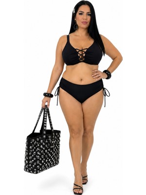 Pierre Cardin Büyük Beden Bağcıklı Göğüs Dekolteli Ayarlanabilir Askılı Yüksek Bel Yan Büzgülü Kadın Bikini Takım