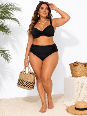 Eros Büyük Beden Sabit Pedli Ayarlanabilir Askılı Drapeli Toparlayıcı Yüksek Bel Kadın Bikini Takım