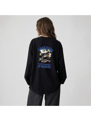 Nubarco Siyah Oversize Geniş Kesim Uzun Kollu %100 Pamuk Yazlık Baskılı Tshirt
