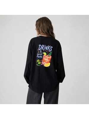 Nubarco Siyah Oversize Geniş Kesim Uzun Kollu %100 Pamuk Yazlık Baskılı Tshirt
